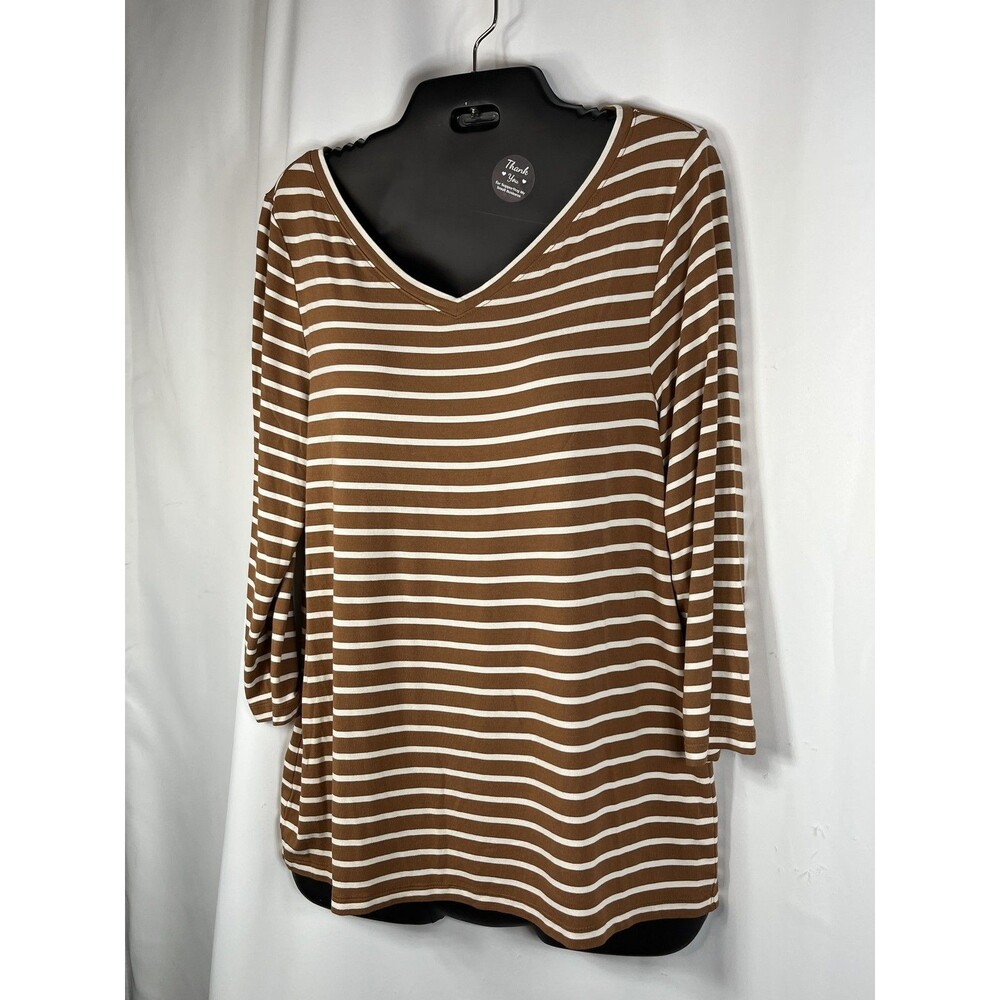 Chico's Shirt Womens 1 M Brown Stripe V Neck 3/4 Sleeve Jersey Tee Top